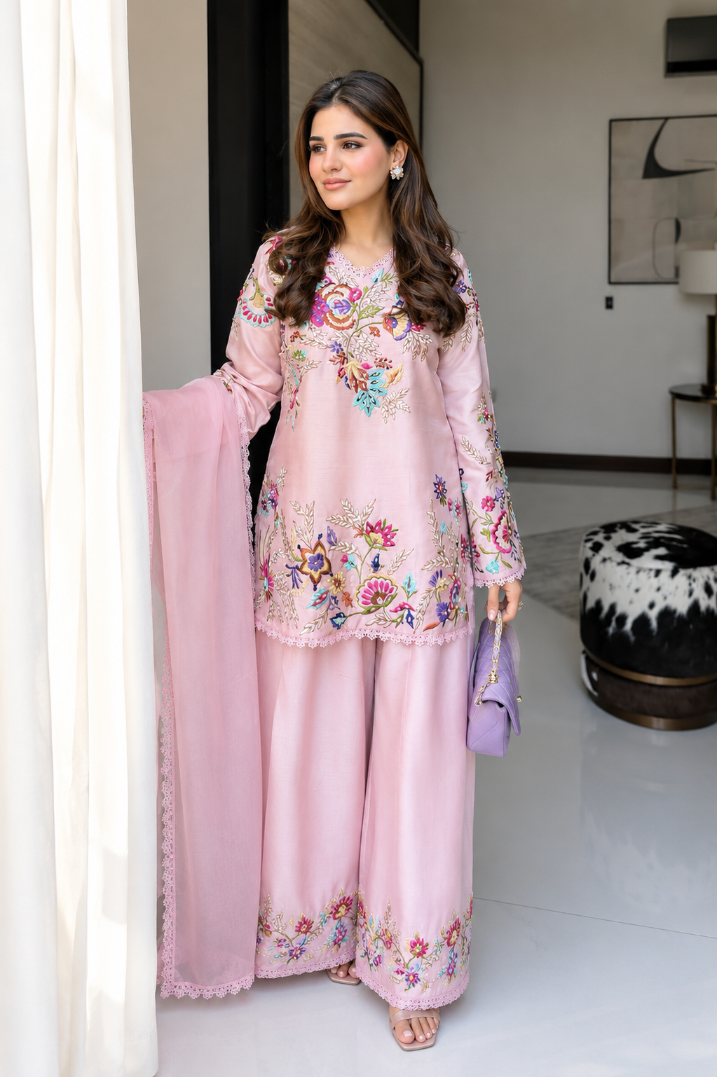 Beautiful Modern Pink Embroidered Crape Silk Suit Set with Organza Dupatta