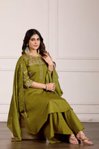 Elegant Mehndi Green Viscose Mango Silk Anarkali Kurti Set