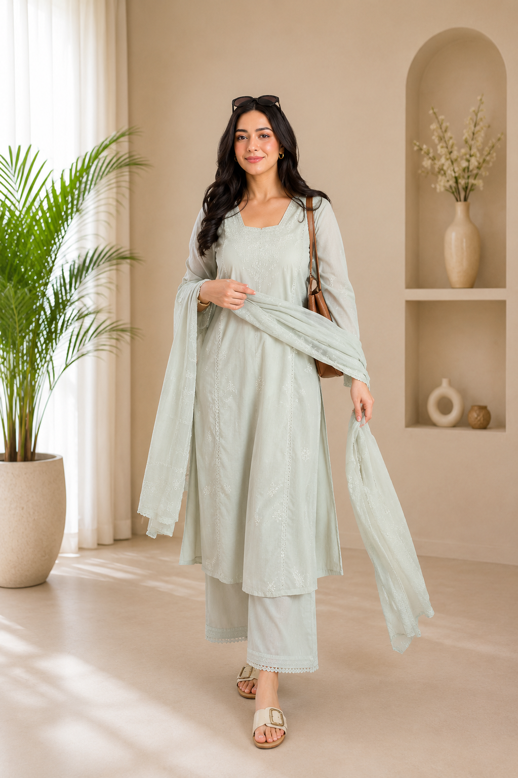 Catchy Light Sage Roman Silk Embroidered Suit Set