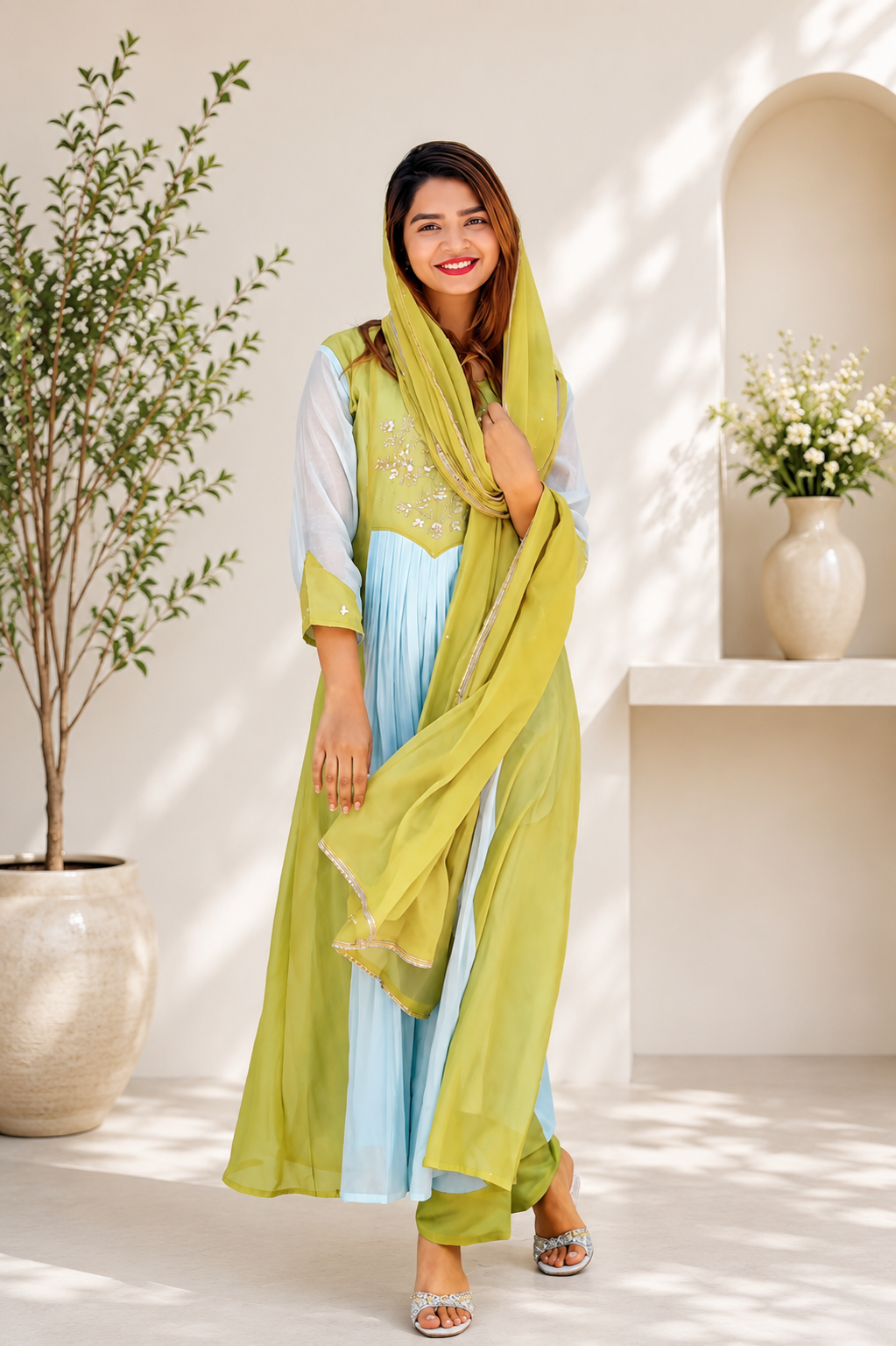 Designer Premium Lime Green & Pastel Blue Pure Mul Chanderi Embroidered Suit Set