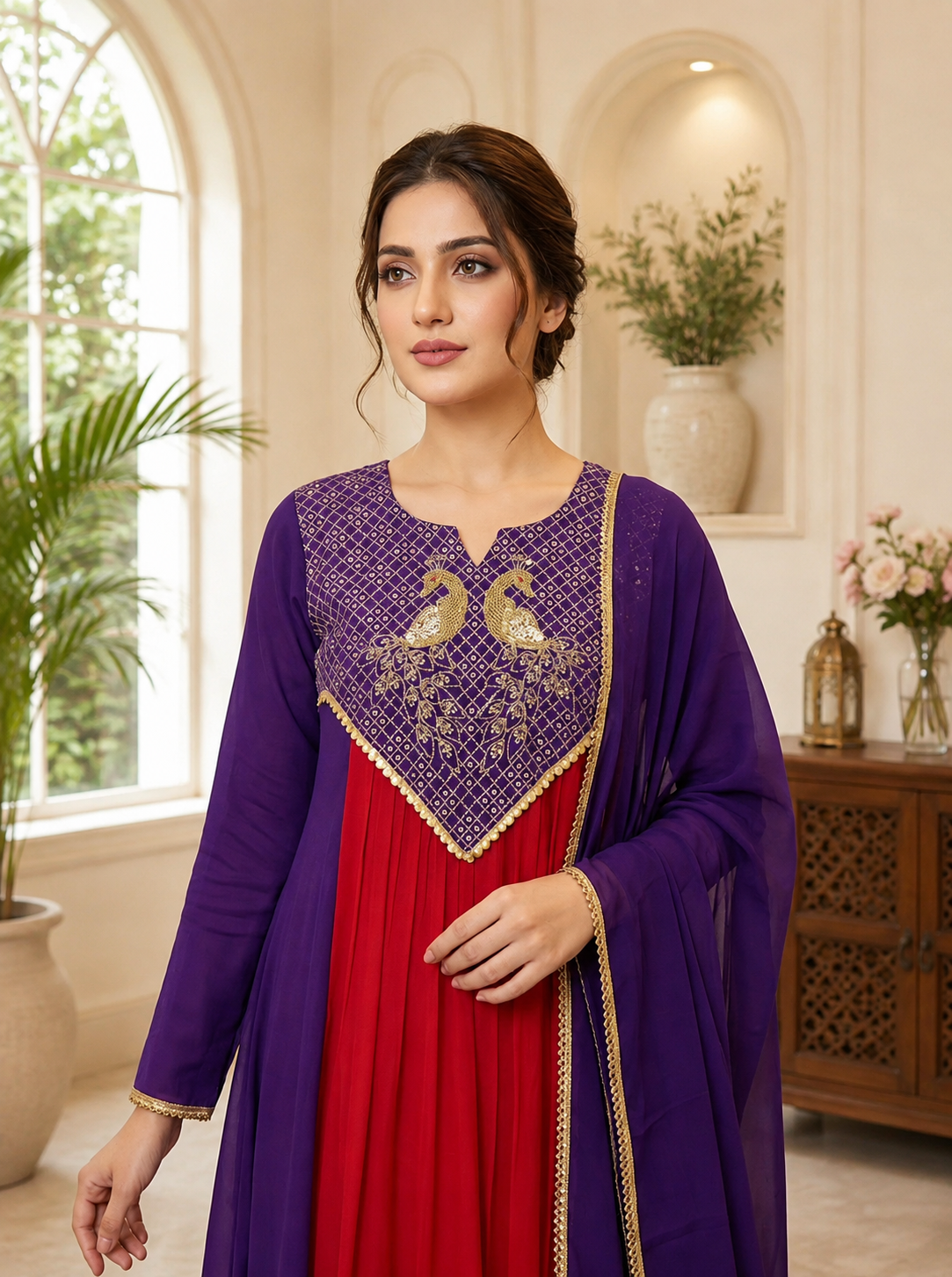 Festive Sequence Embroidered Mul Chanderi Anarkali Suit Set