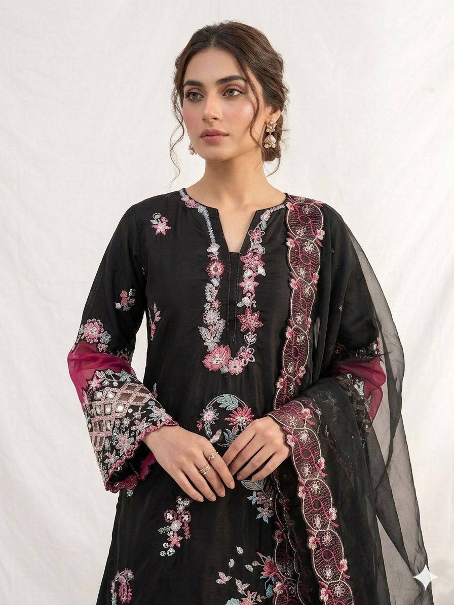 New Designer Black Crape Silk Embroidered Sharara Suit Set with Organza Dupatta