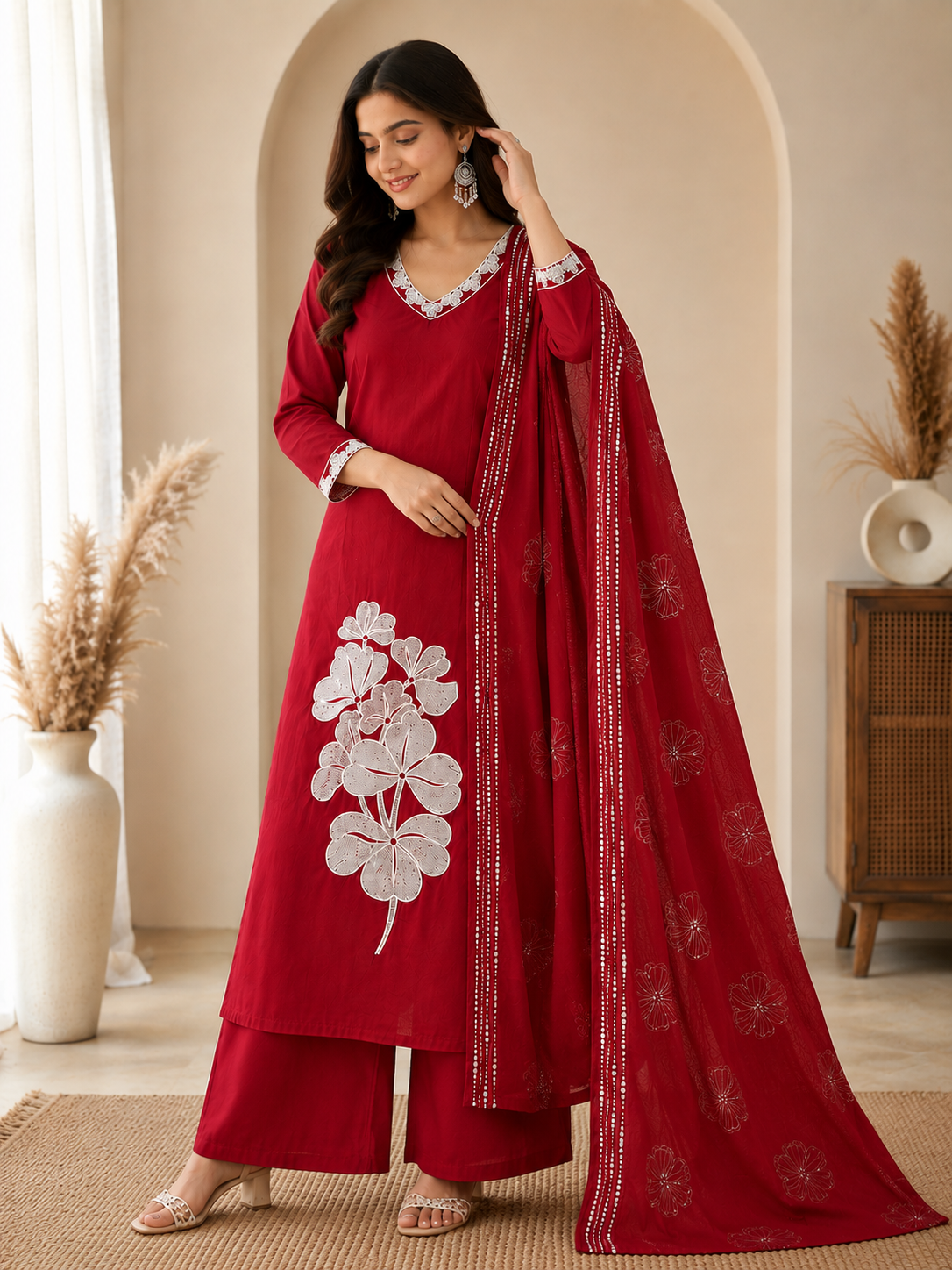 Very Beautiful Red Floral Embroidered Cotton Suit Set