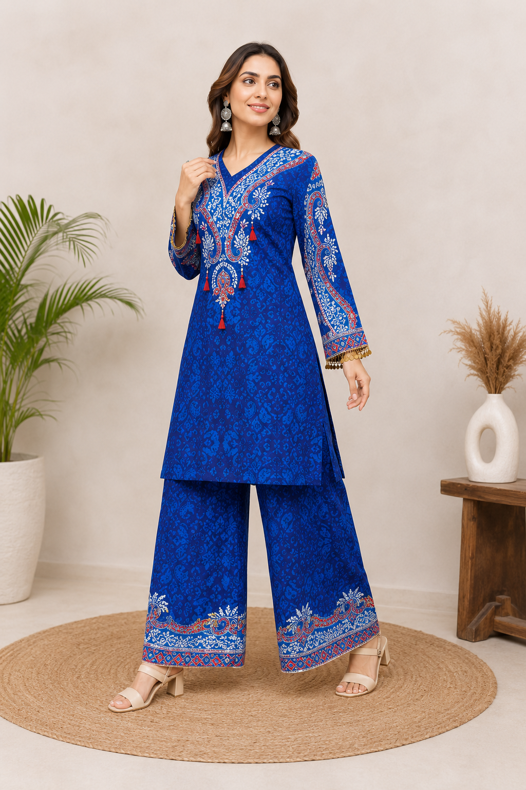 Designer Royal Blue Printed Crepe Silk Co-ord Set With Yoke Tassels