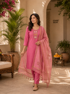 New Designer Light Pink Mul Chanderi Suit Set with Beautiful Hand Work