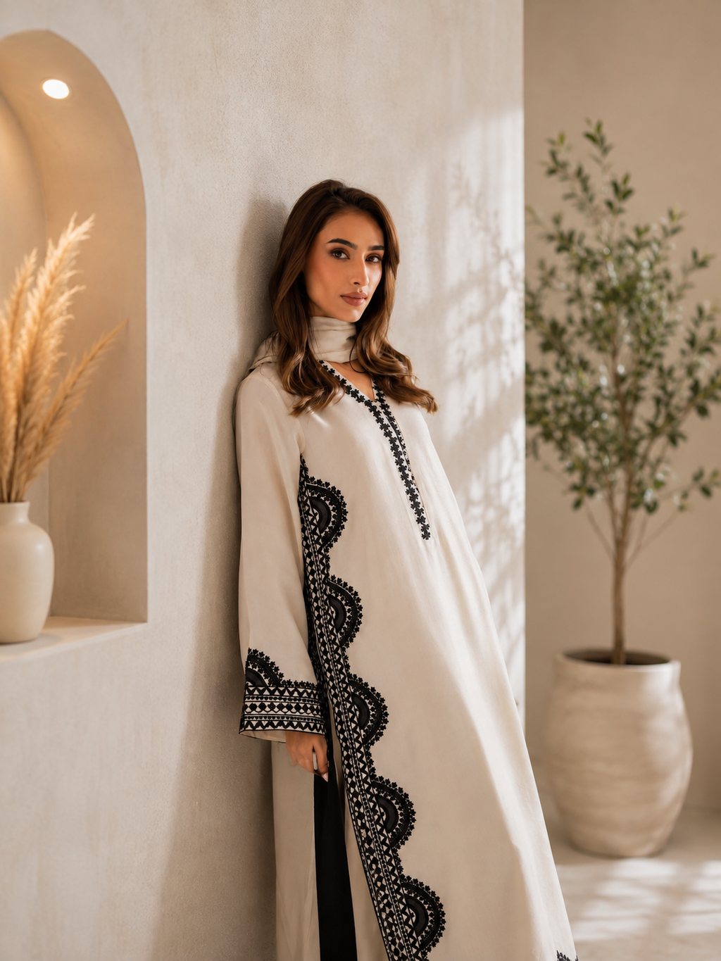Ivory Biscuit Slub Monochrome Threadwork Kurta Set