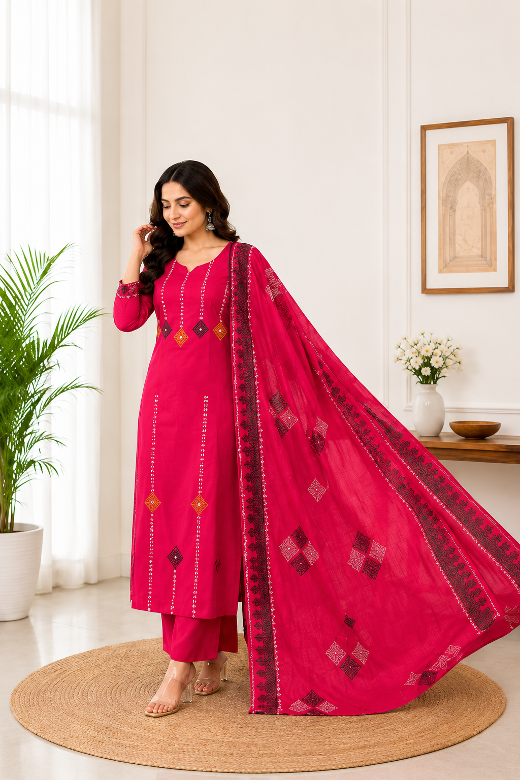Attractive Rani Pink Pure Cotton Ethnic Suit Set with Hand Block Print Work