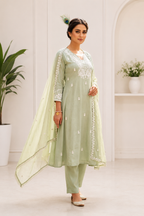 Pista Green Pure Mul Chanderi Embroidered A-Line Suit Set with Dupatta