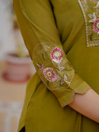 Women’s Olive Green Mango Silk Embroidered Suit Set