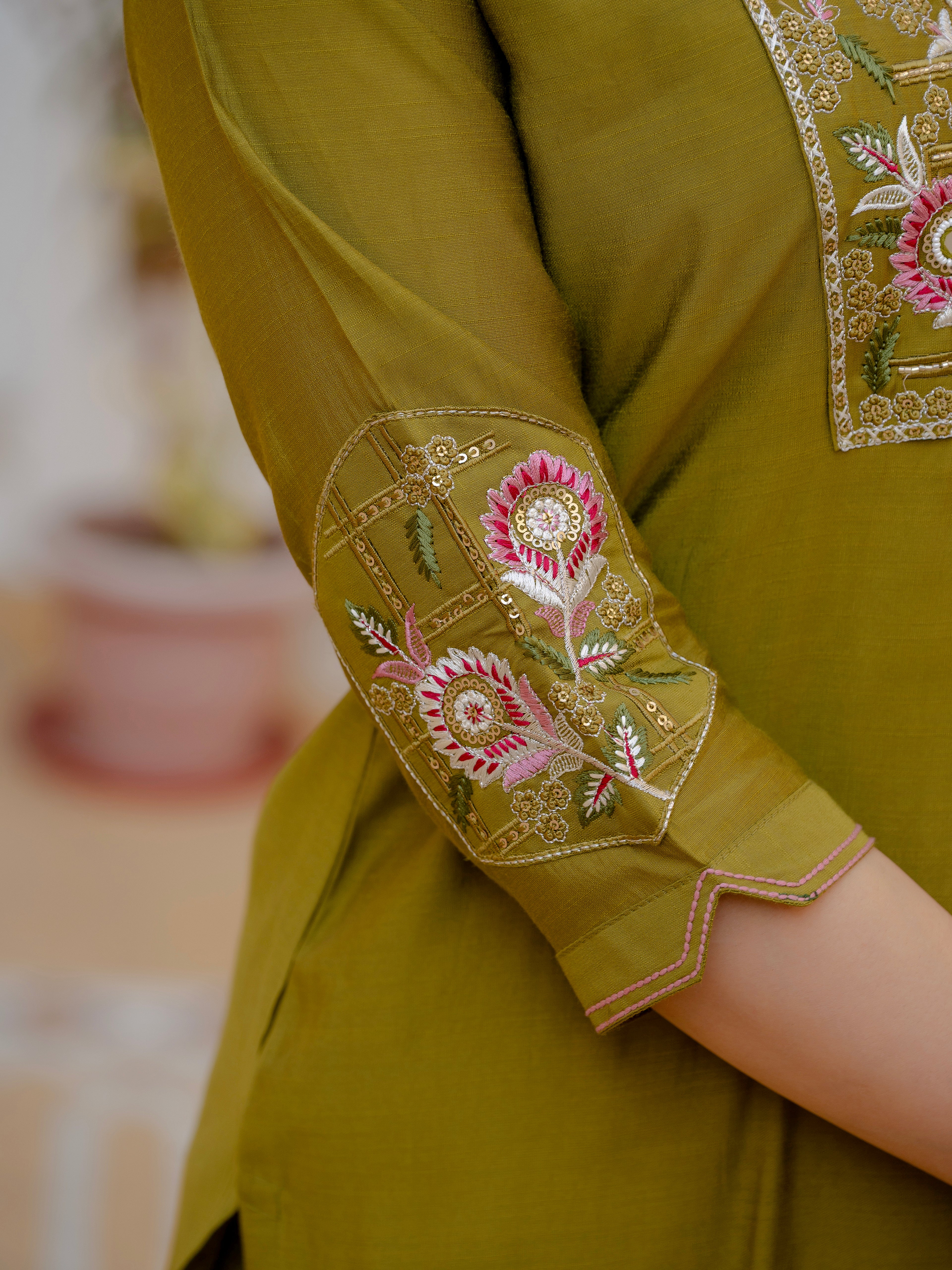 Women’s Olive Green Mango Silk Embroidered Suit Set