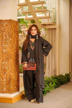 Very Attractive Jet Black Roman Silk Printed Salwar Suit Set