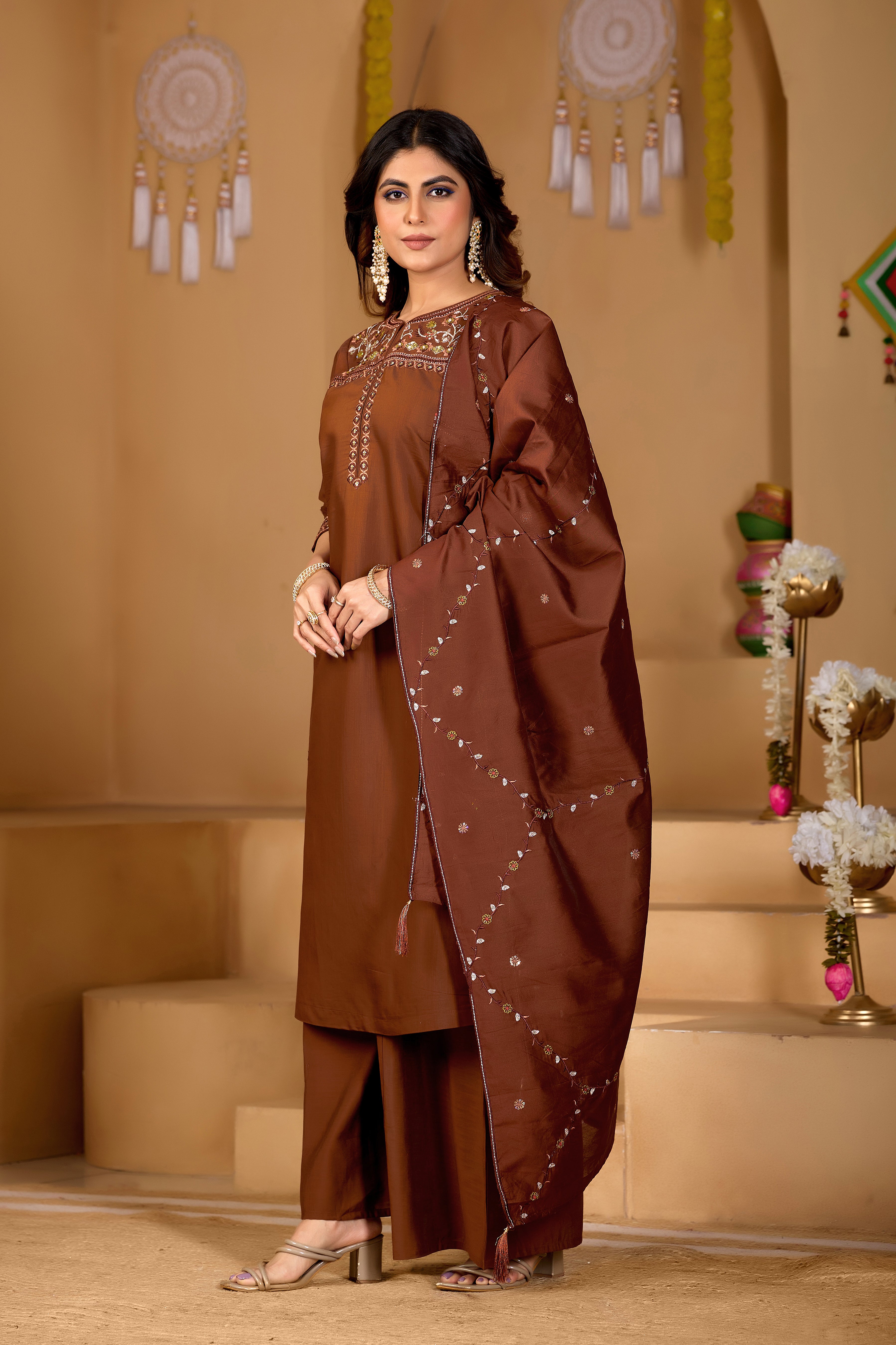 Elegant Coffee Brown Viscose Mango Silk Embroidered Suit Set