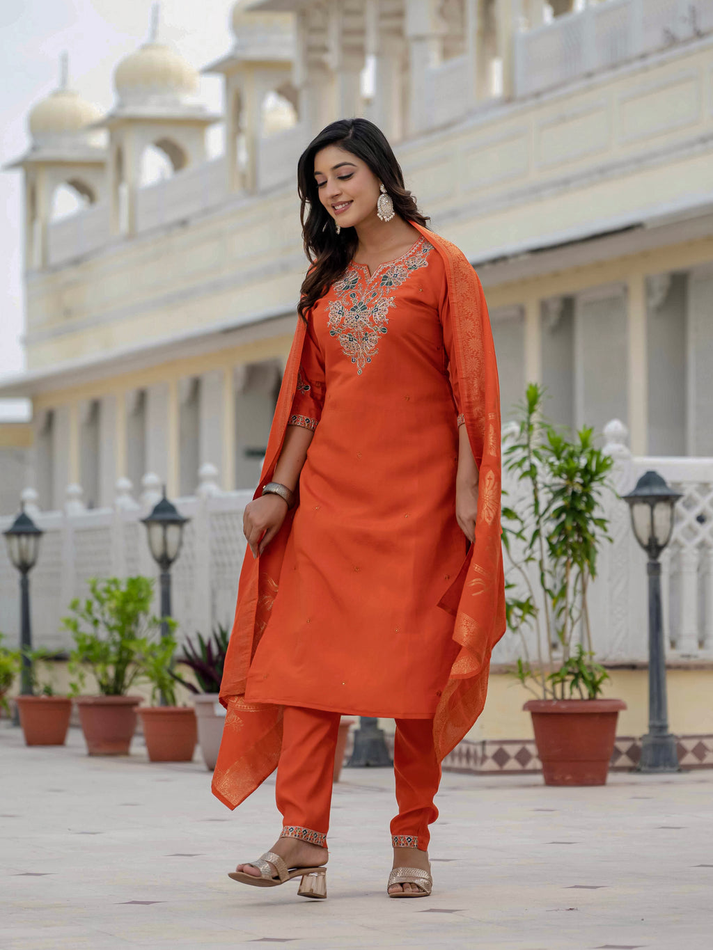 Women’s Orange Roman Silk Party Wear Suit Set