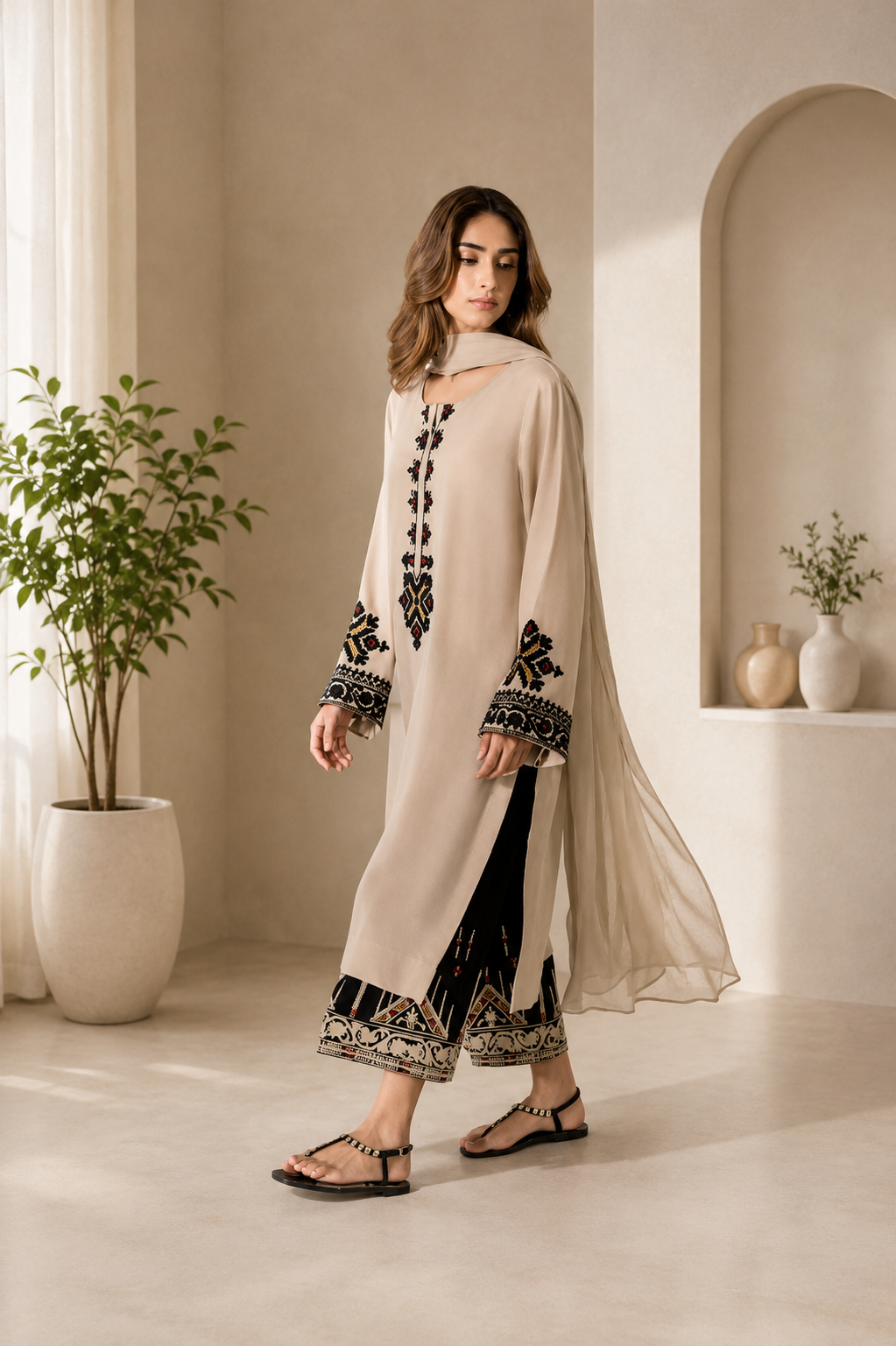 Elegant Beige Rayon Satin Thread Work Kurta Palazzo Set