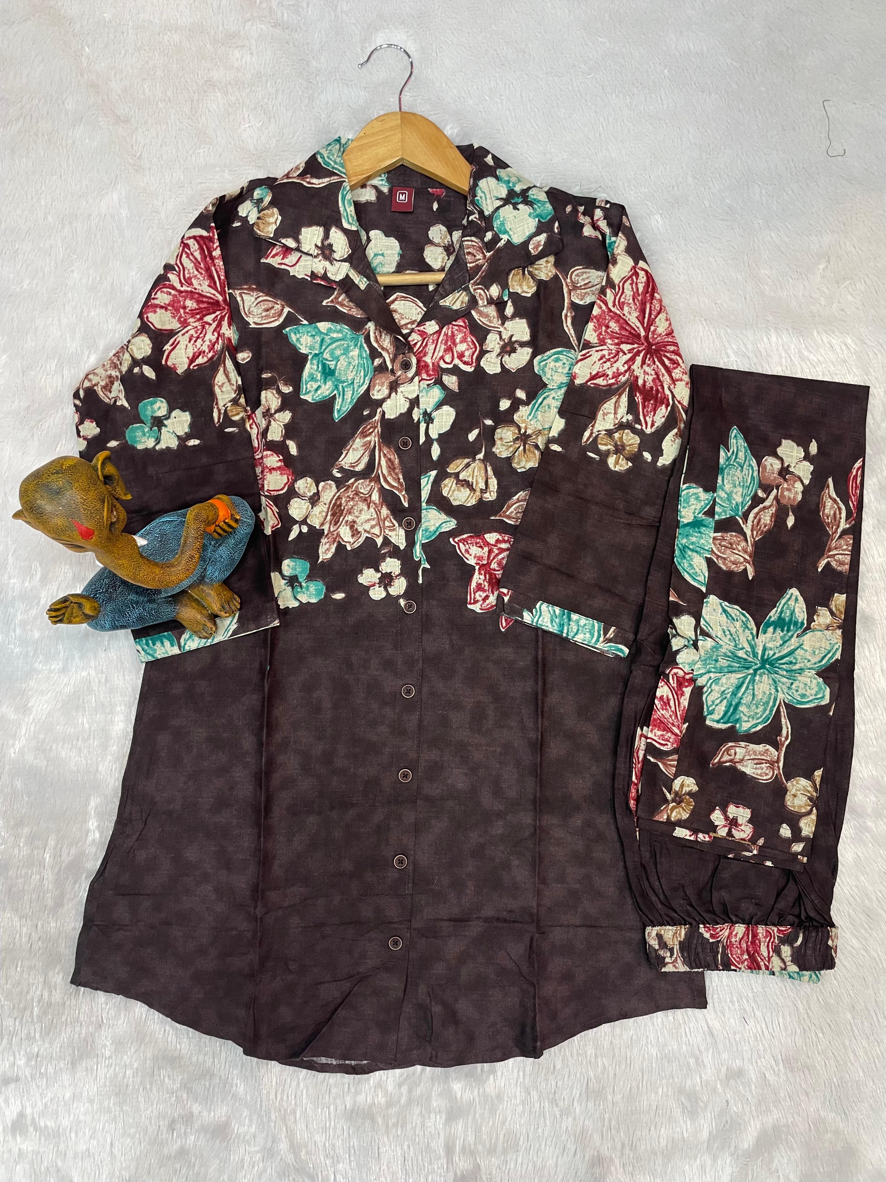 Premium Brown Floral Pure Cotton Printed Co-Ord Set