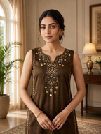 Chocolate Brown Coss Moss Salwar Suit Set with Sequin Embroidery
