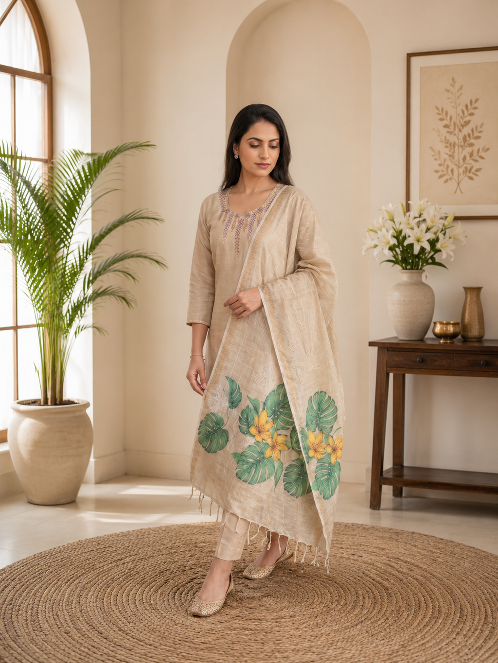 Elegant Beige Hand Work Premium Mul Chanderi Suit Set With Floral Dupatta