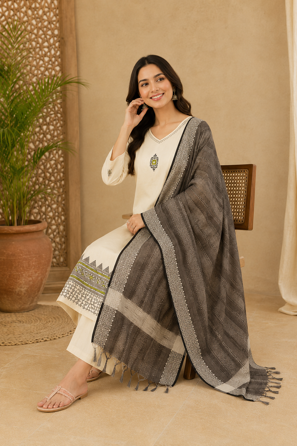 Premium Heritage Khadi Cotton Embroidery Suit Set With Real Mirror Work