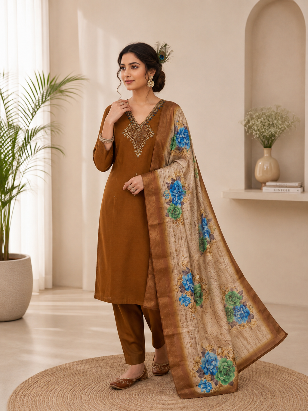 Very Attractive Brown Hand Embroidered Mul Chanderi Ethnic Suit Set