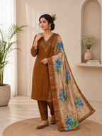 Very Attractive Brown Hand Embroidered Mul Chanderi Ethnic Suit Set