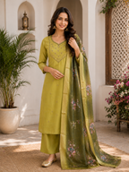 Very Beautiful Lime Green Handwork Premium Mul Chanderi Suit Set