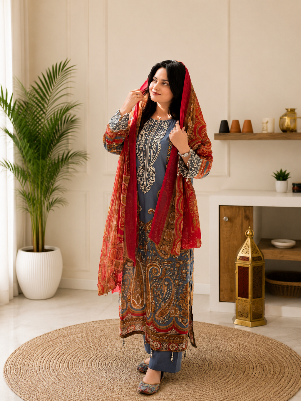 Elegant Blue Printed Chinon Anarkali Suit Set With Diamond Work