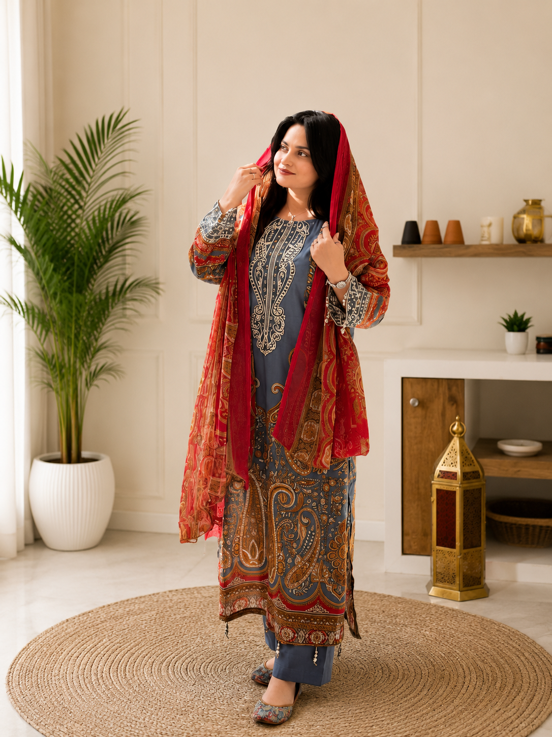 Elegant Blue Printed Chinon Anarkali Suit Set With Diamond Work