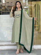 Very Attractive Pastel Sage Green Pure Salsa Silk Embroidered Anarkali Suit Set