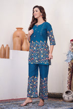 Elegant Teal Blue Designer Pure Cotton Co-ord Set