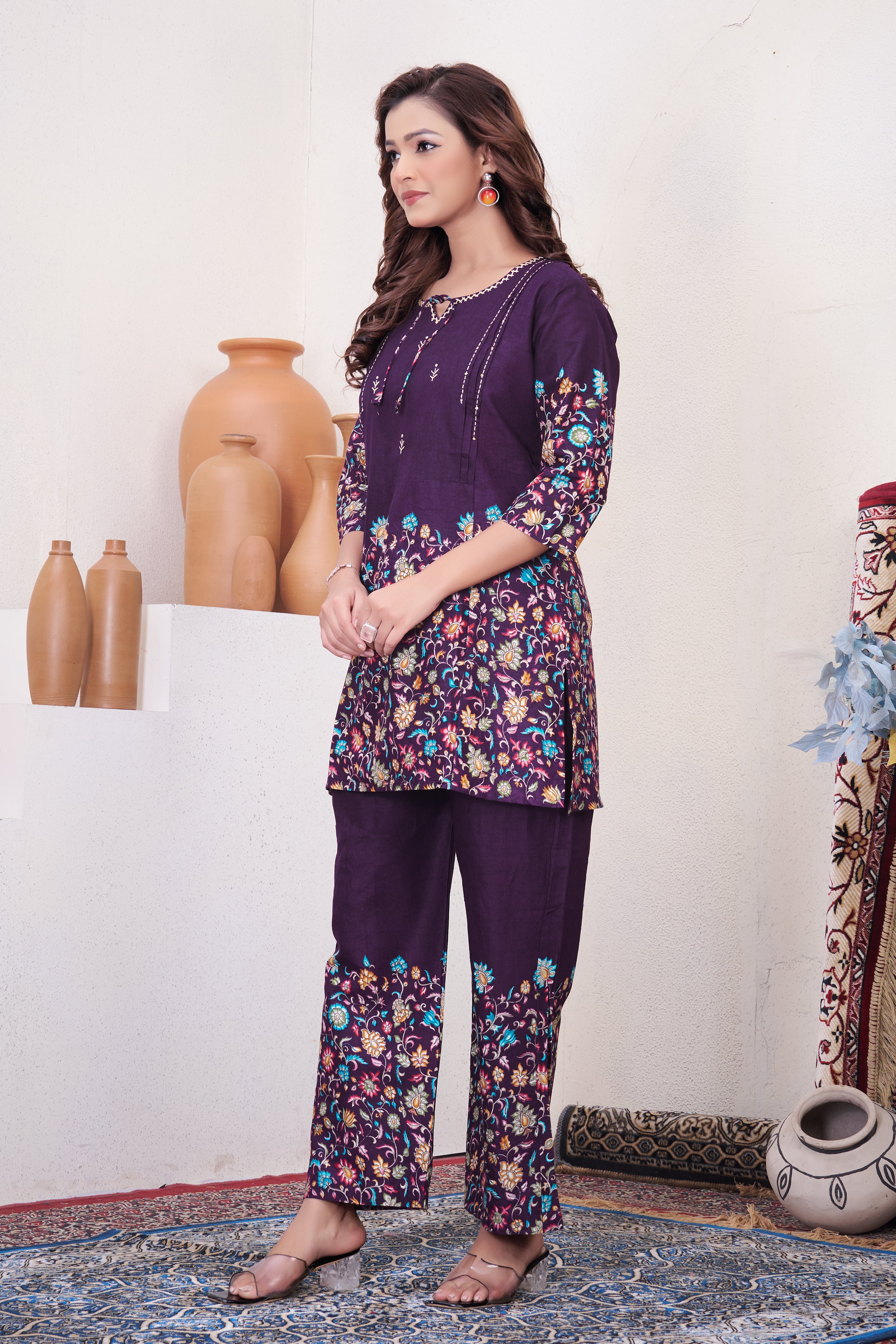Attractive Wine Designer Pure Cotton Co-ord Set