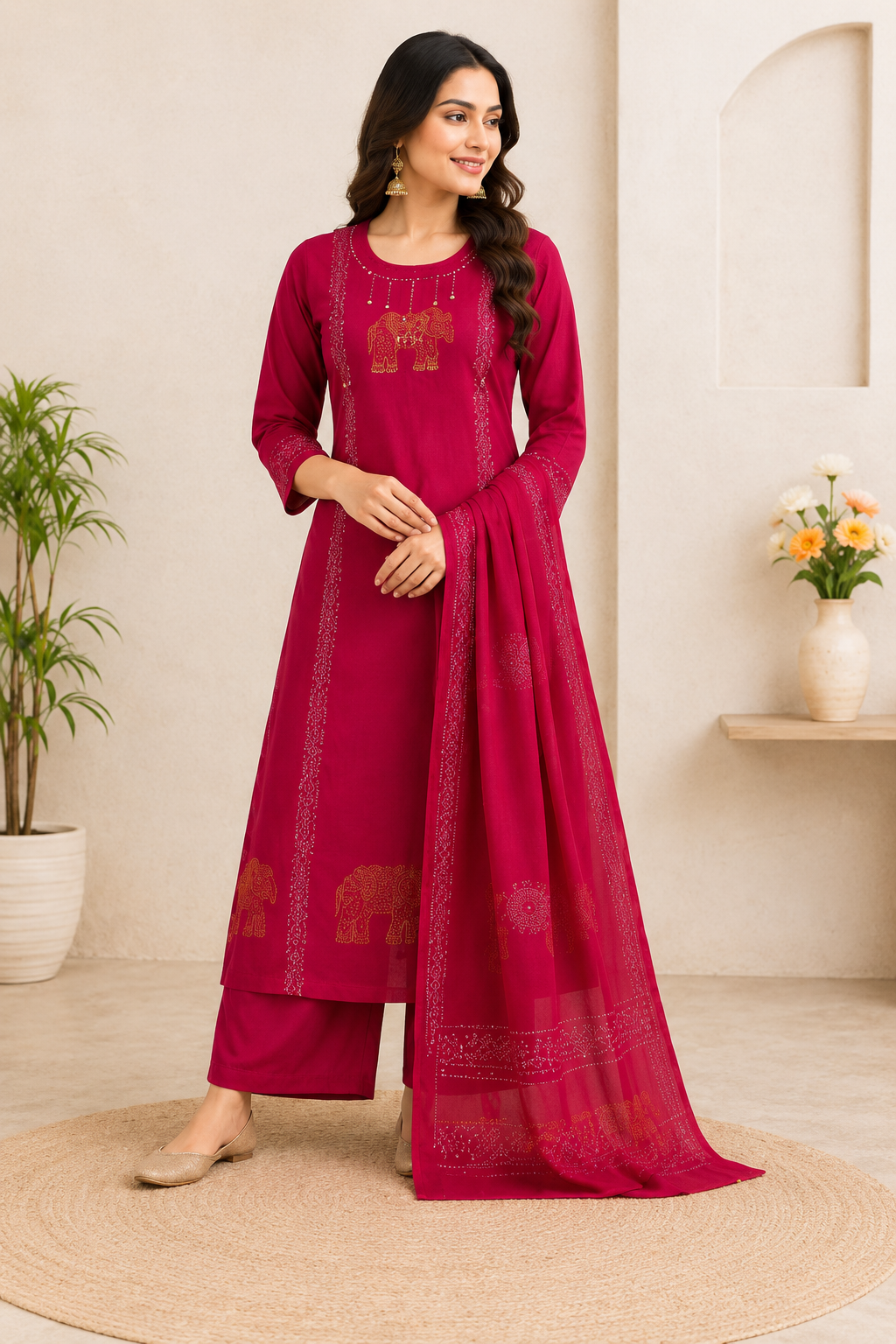 Very Beautiful Magenta Pure Cotton Suit  Set With Real Mirror Work