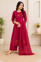 Very Beautiful Magenta Pure Cotton Suit  Set With Real Mirror Work