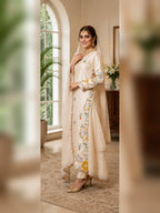 Premium Festive Cream Embroidery Glass Roman Silk Suit Set