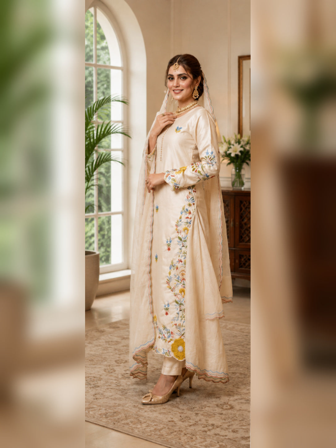 Premium Festive Cream Embroidery Glass Roman Silk Suit Set