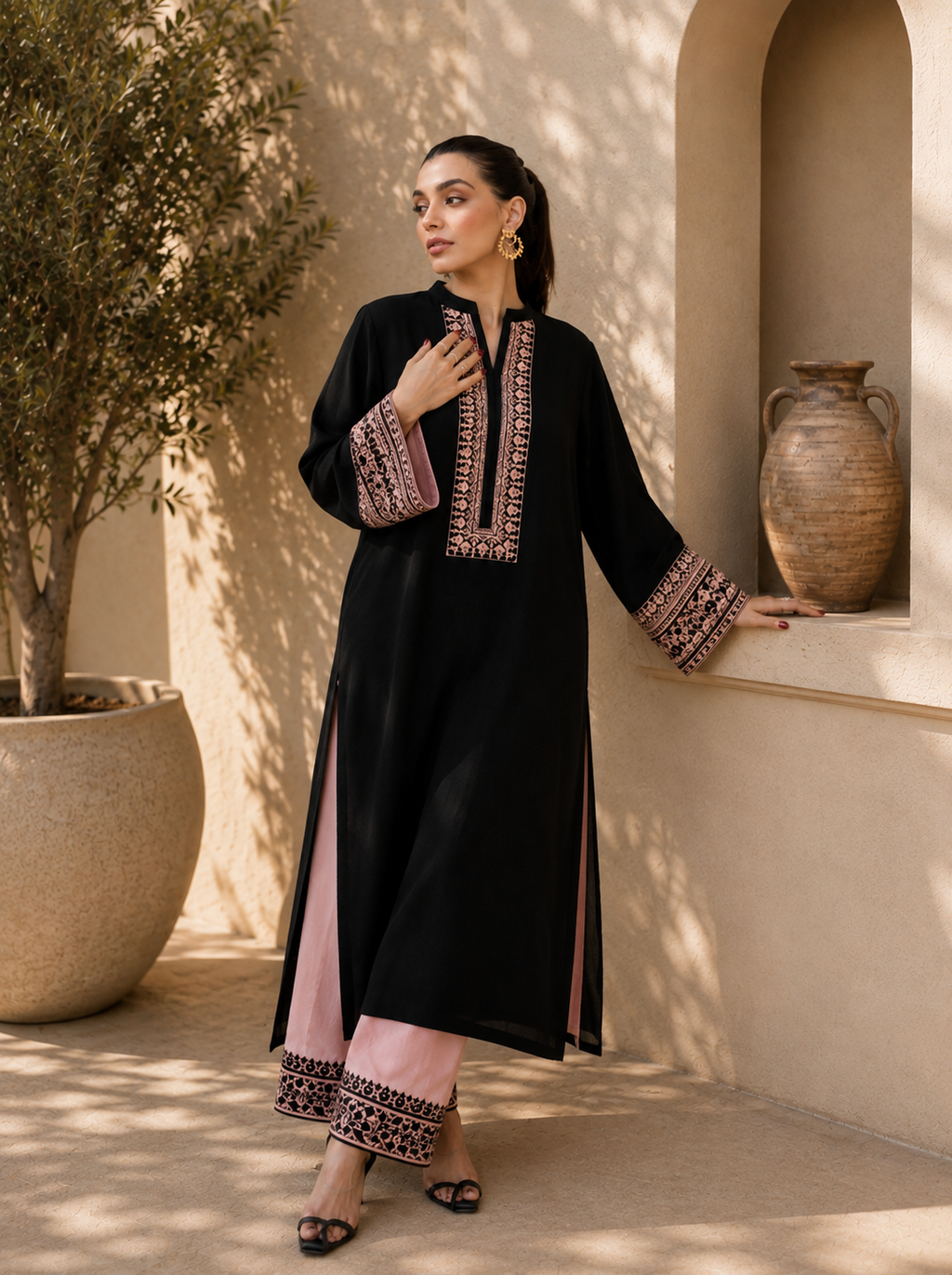Black Rayon Thread Work Cotton Co-ord Kurta Set