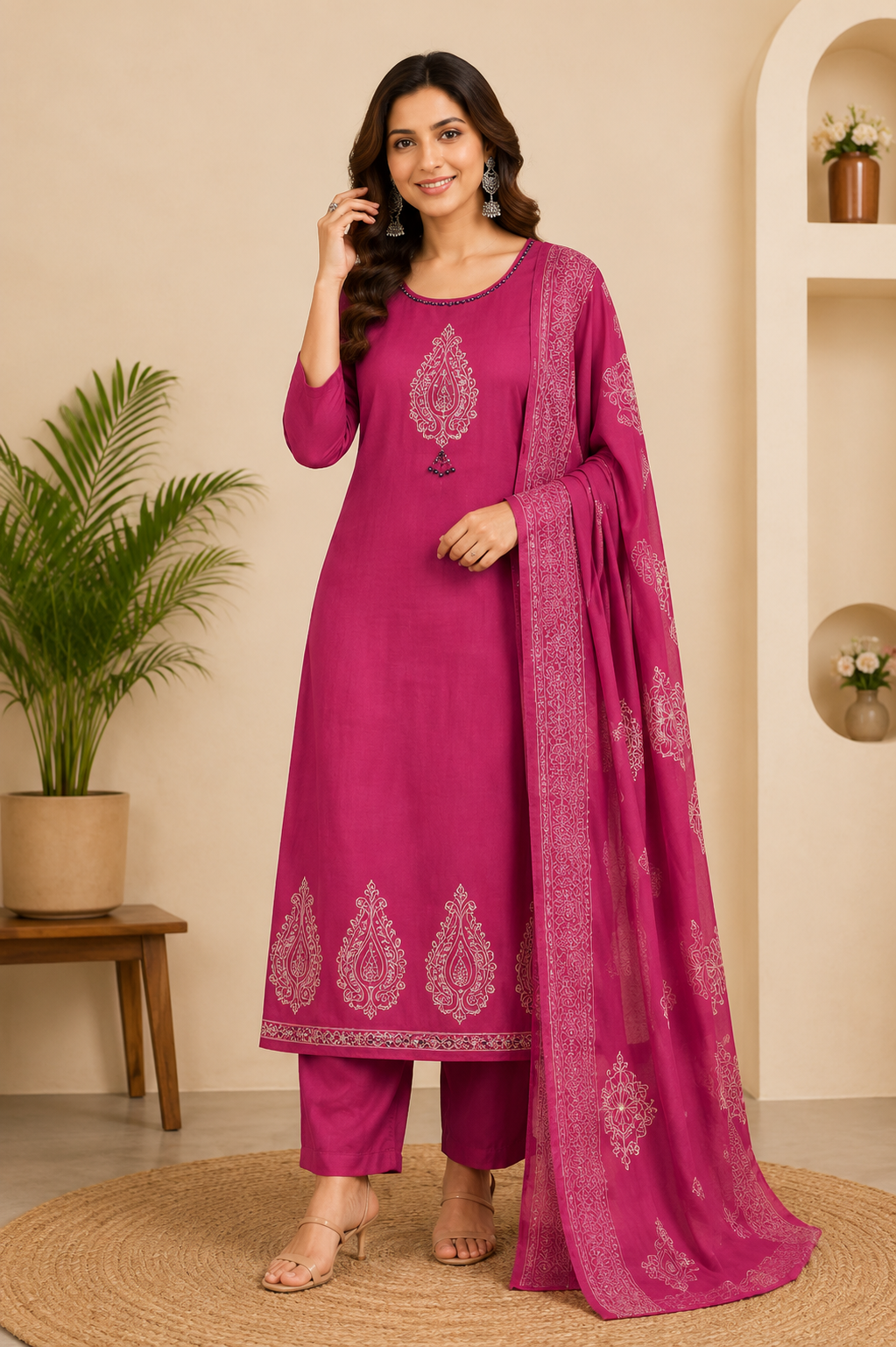 Catchy Rouge Pure Cotton Suit Set With Mirror Hand Work