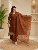 Festive Designer Brown Rayon Embroidery Straight Kurti Pants Set