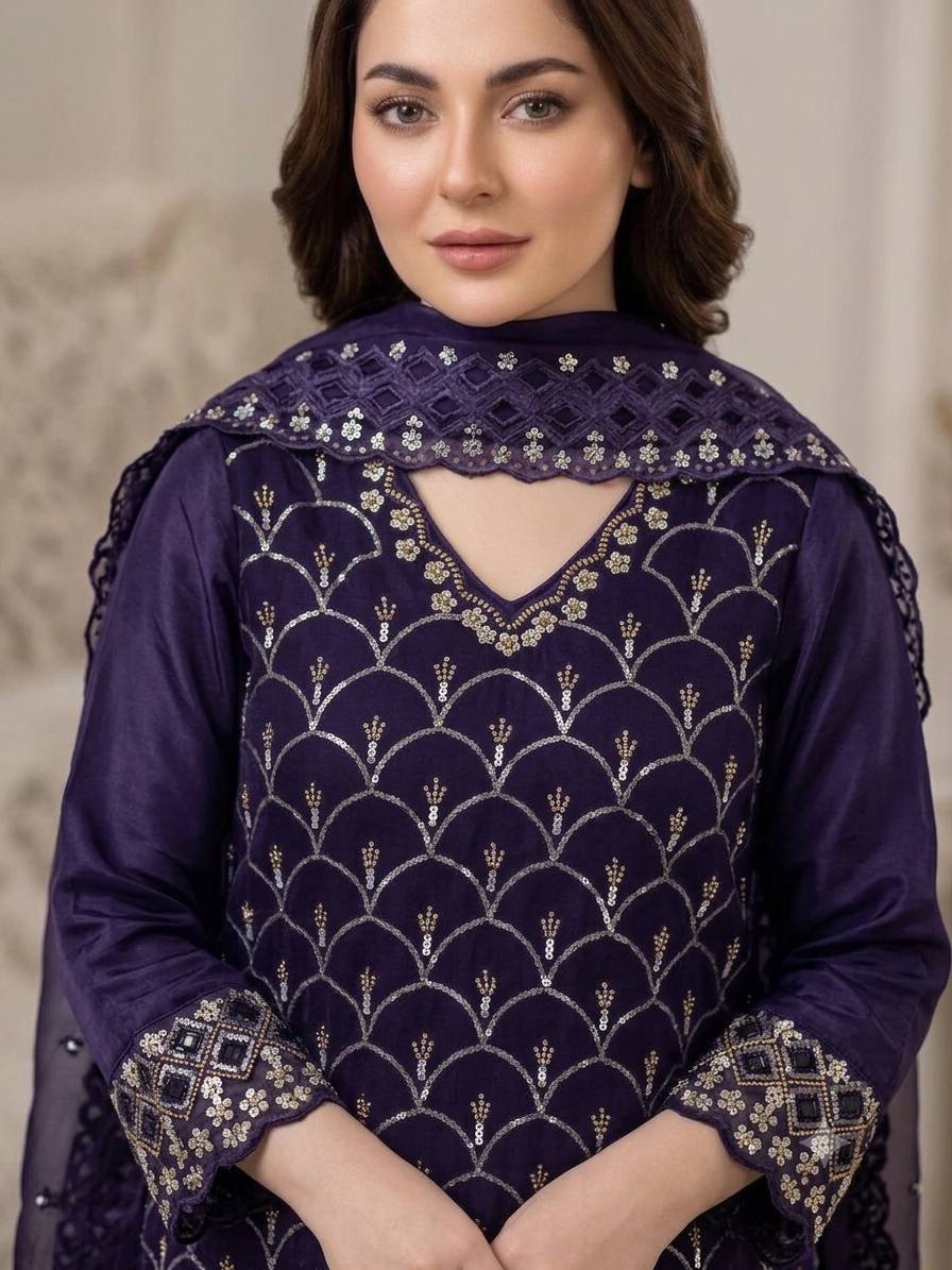 New Designer Purple Fandy Silk Embroidered Suit Set with Organza Dupatta