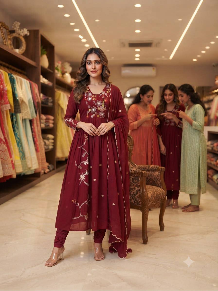 New Designer Festive Embroidery Mul Chanderi Anarkali Suit Set