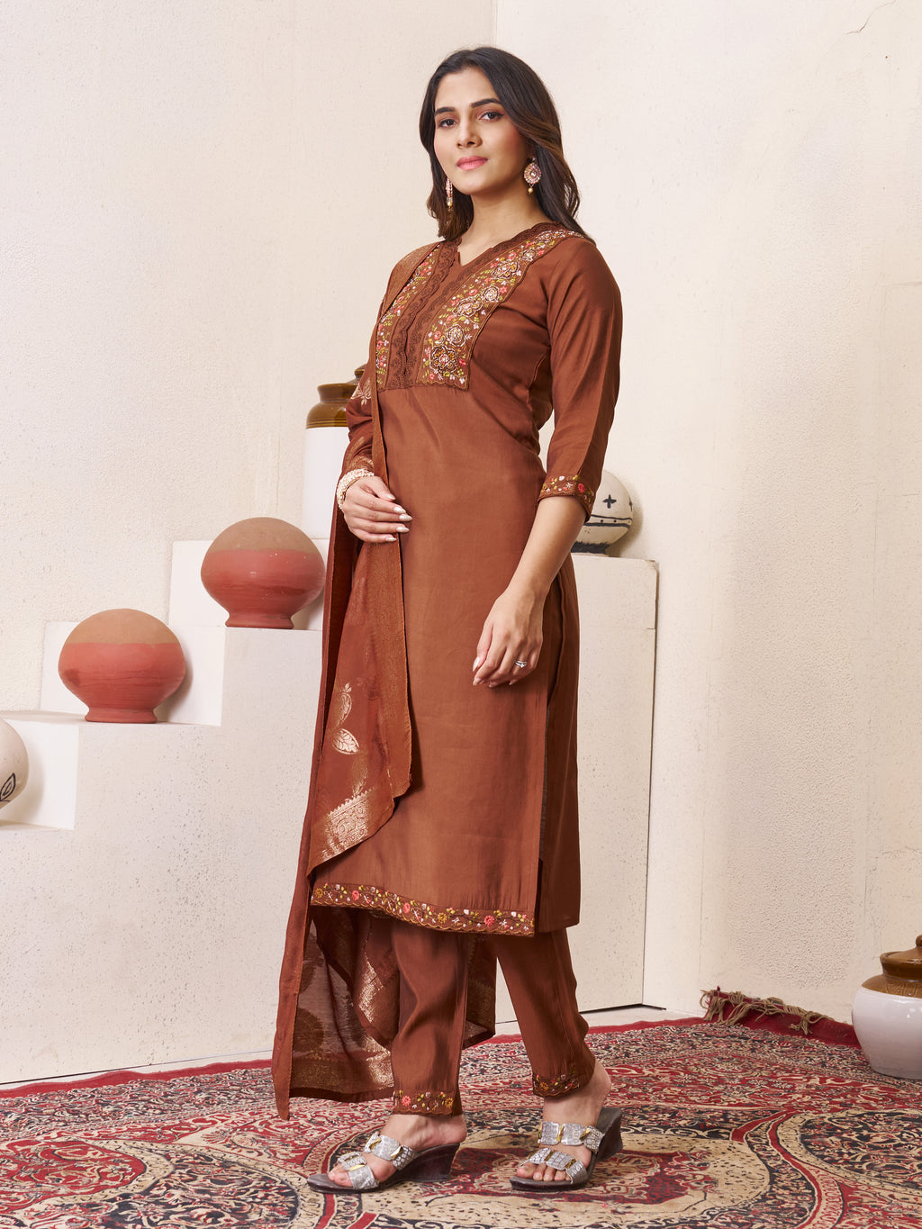 Premium Brown Roman Silk Embroidered Kurti Pant Dupatta Set