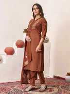 Premium Brown Roman Silk Embroidered Kurti Pant Dupatta Set