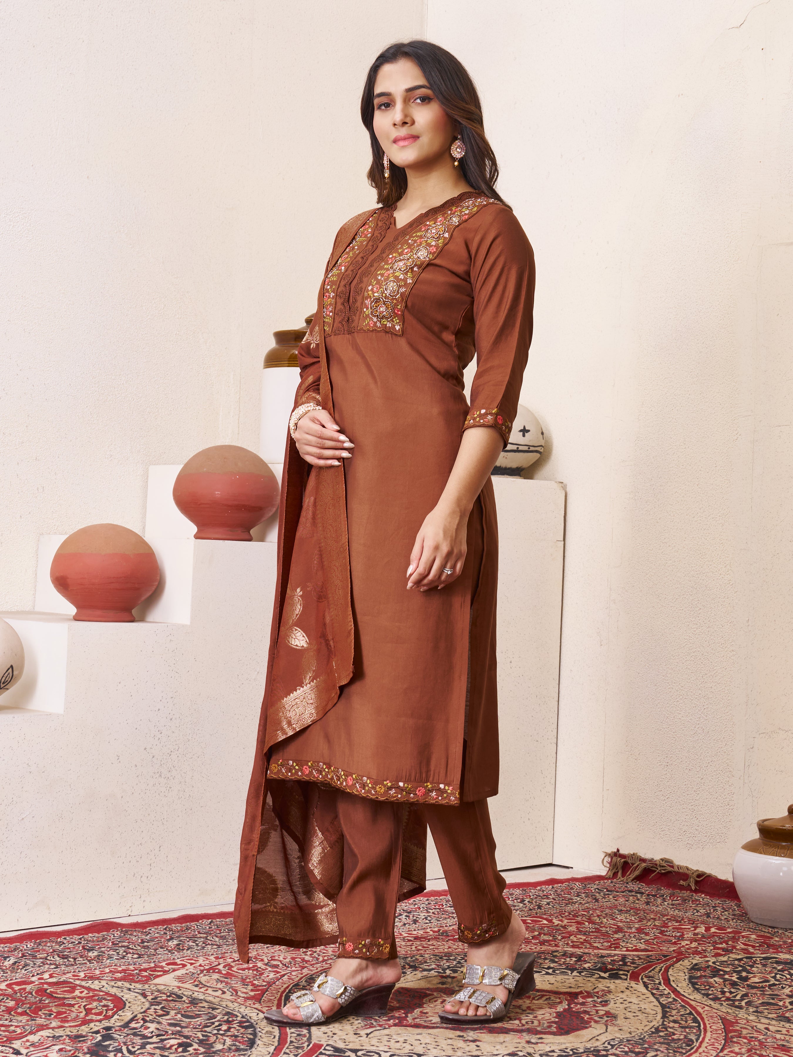 Premium Brown Roman Silk Embroidered Kurti Pant Dupatta Set