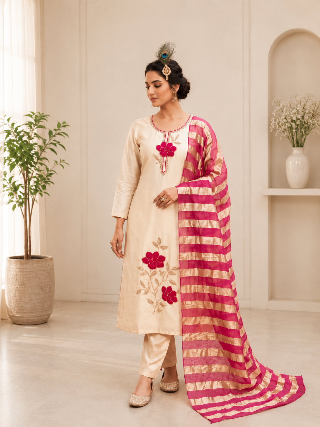 Elegant Beige Premium Roman Silk Beads Embroidered Suit Set