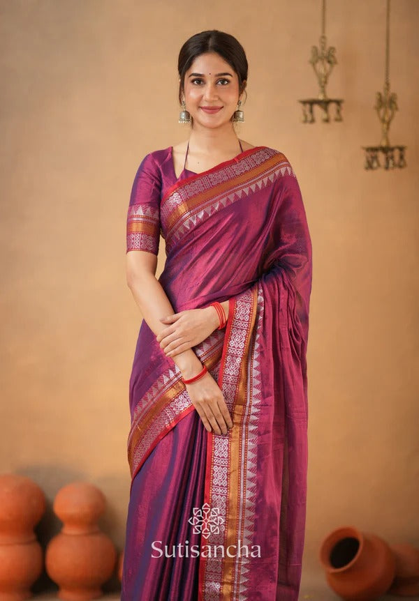 ATTRACTIVE - WINE TEMPLE DESIGNE HANDLOOM TISSUE COTTON SAREE