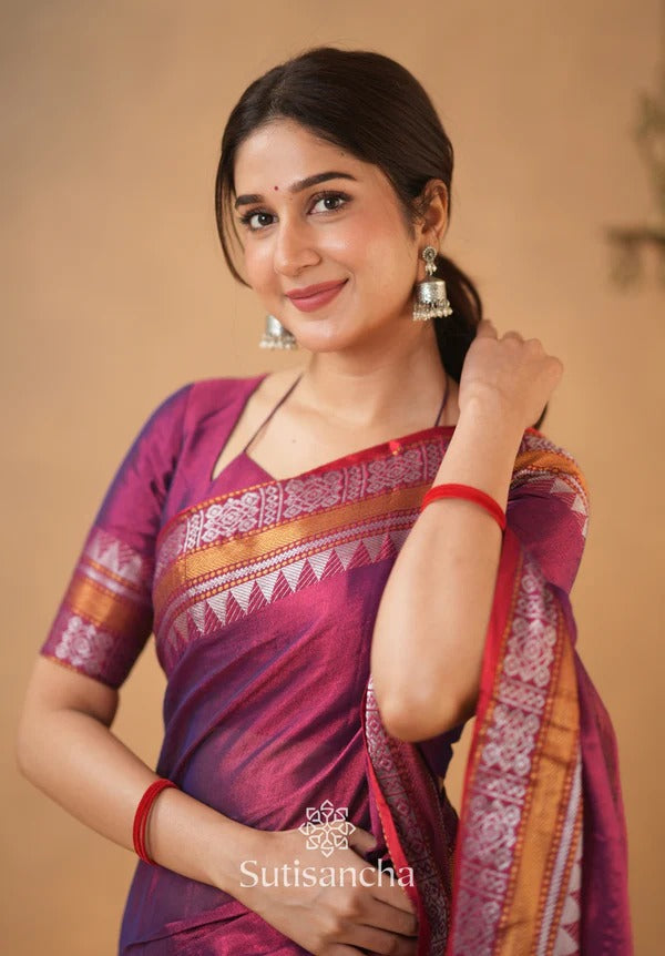 ATTRACTIVE - WINE TEMPLE DESIGNE HANDLOOM TISSUE COTTON SAREE