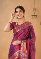 ATTRACTIVE - WINE TEMPLE DESIGNE HANDLOOM TISSUE COTTON SAREE