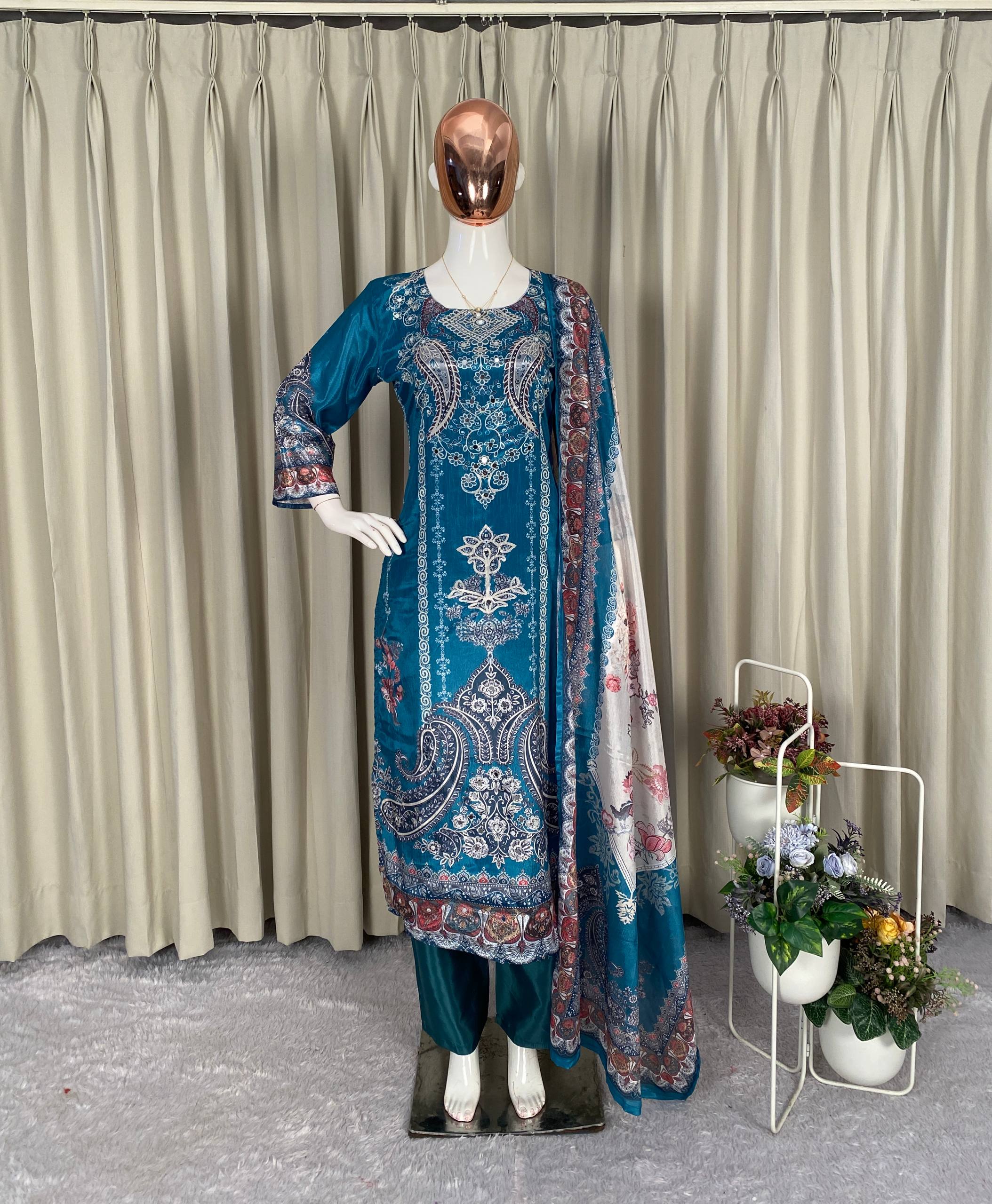 Elegant Teal Blue Chinon Printed Suit Set with Real Mirror Work