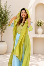 Designer Premium Lime Green & Pastel Blue Pure Mul Chanderi Embroidered Suit Set
