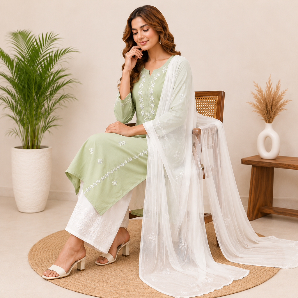 Elegant Sage Green Rayon Embroidered Suit Set With Dupatta