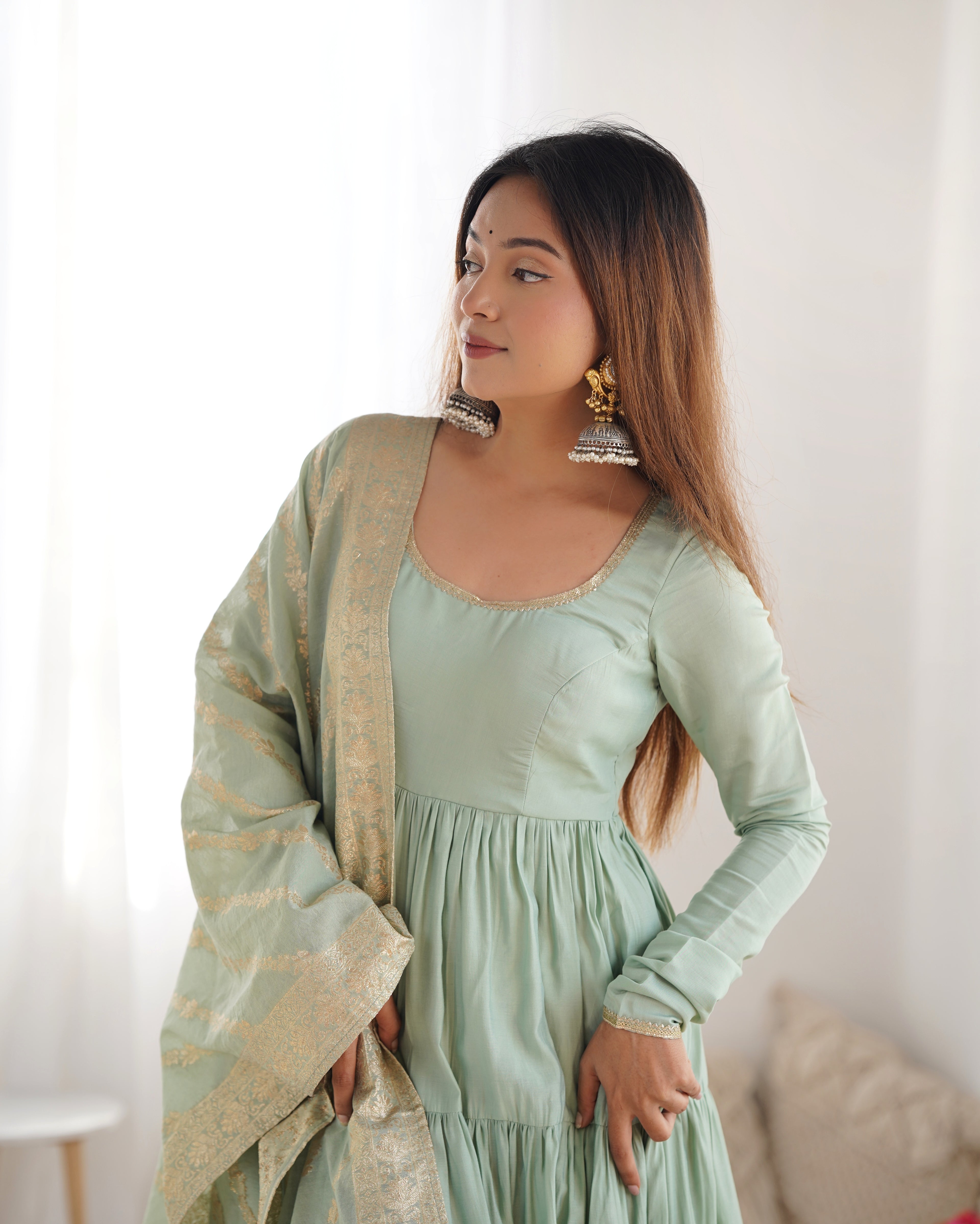 Festive Wear Teal Green Anarkali Dress with Premium Banarasi Dupatta